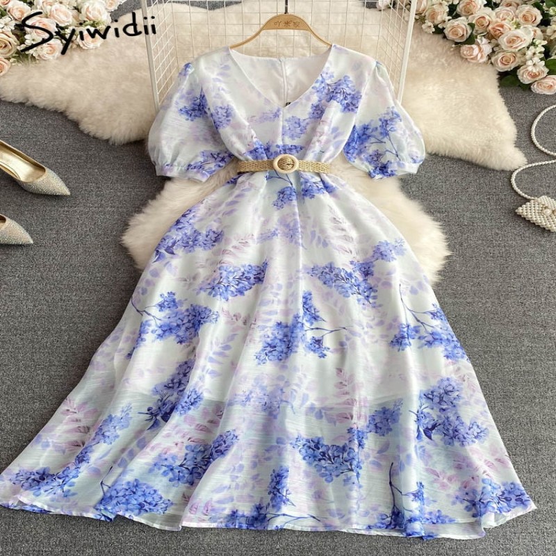 Syiwidii Women Print Chiffon Dress High Waisted Puff Short Sleeve V Neck Elegant Midi Dresses 2023 Fashion A Line Summer Dress