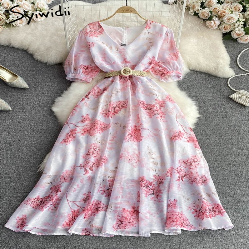 Syiwidii Women Print Chiffon Dress High Waisted Puff Short Sleeve V Neck Elegant Midi Dresses 2023 Fashion A Line Summer Dress