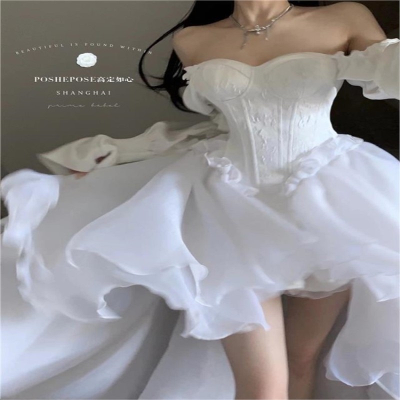 LOLIBOOK 2023 Spring Elegant White Off Shoulder Fairy Dress Female Chic  Princess Puff Dress Women Solid Wedding Party Dress