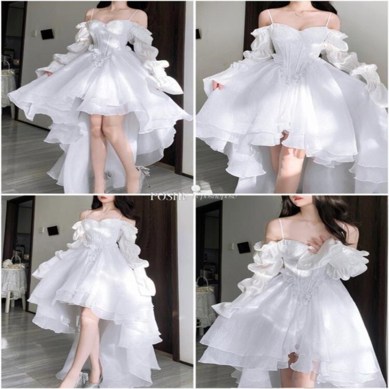 LOLIBOOK 2023 Spring Elegant White Off Shoulder Fairy Dress Female Chic  Princess Puff Dress Women Solid Wedding Party Dress