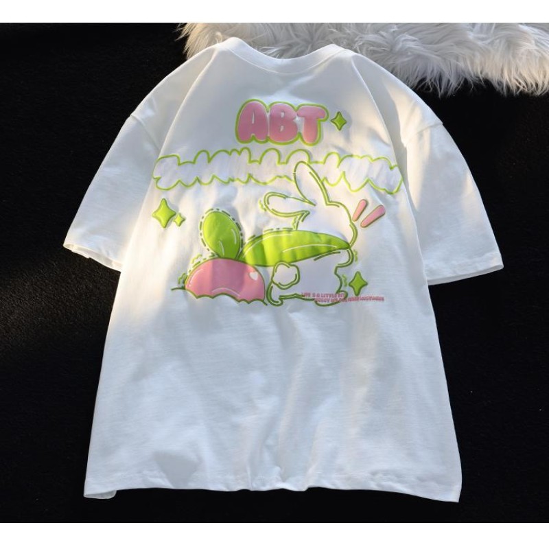 Summer Pure Cotton Harajuku Short Sleeve Oversized T Shirts For Women Anime Rabbit Foaming Printing T Shirts Y2k Tops Clothes