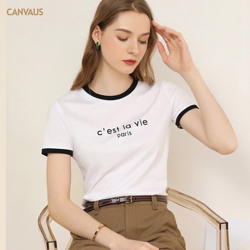 Women's T-shirts Korea Fashion Crew Neck Cotton Printed Short Sleeve Top Loose Casual Contrast Color Summer Versatile T-shirt