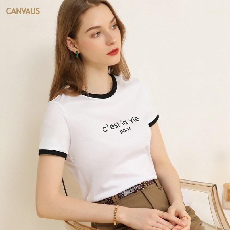Women's T-shirts Korea Fashion Crew Neck Cotton Printed Short Sleeve Top Loose Casual Contrast Color Summer Versatile T-shirt