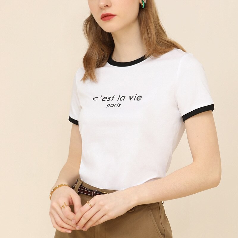 Women's T-shirts Korea Fashion Crew Neck Cotton Printed Short Sleeve Top Loose Casual Contrast Color Summer Versatile T-shirt