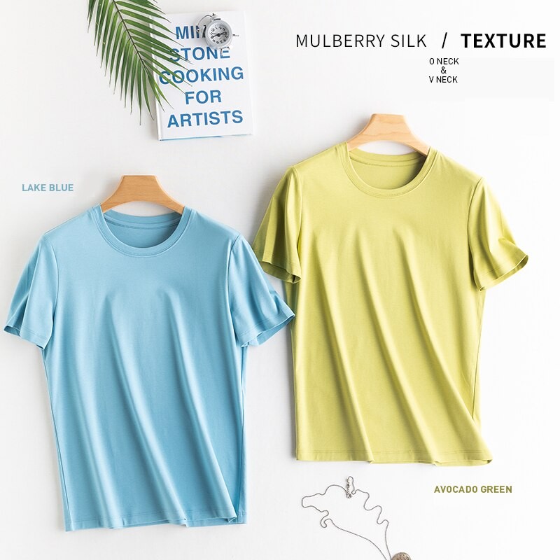 2023 High-end Fabric Women Silk &amp; Mercerized Cotton T-shirt Luxury Tee Short Sleeve Silk Feeling Summer Wear Vacation V / O-neck