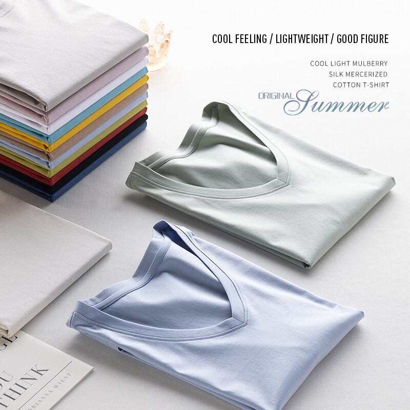 2023 High-end Fabric Women Silk &amp; Mercerized Cotton T-shirt Luxury Tee Short Sleeve Silk Feeling Summer Wear Vacation V / O-neck