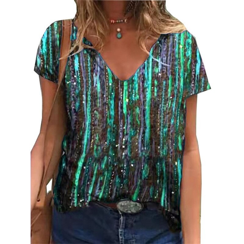 New stripe 3D abstract painting printed T-shirt Women's Harajuku T-shirt Short sleeve V-neck T-shirt Summer Women's casual loose