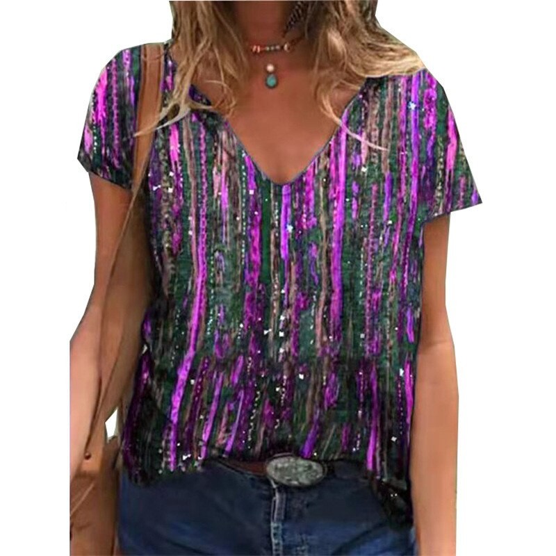 New stripe 3D abstract painting printed T-shirt Women's Harajuku T-shirt Short sleeve V-neck T-shirt Summer Women's casual loose