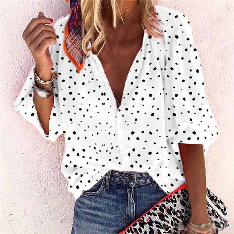 Elegant Casual Lanterm Sleeved Shirt Women Soft Printing Polka Dot Top Famale Blouse v-neck Roupas Feminina Plus Size