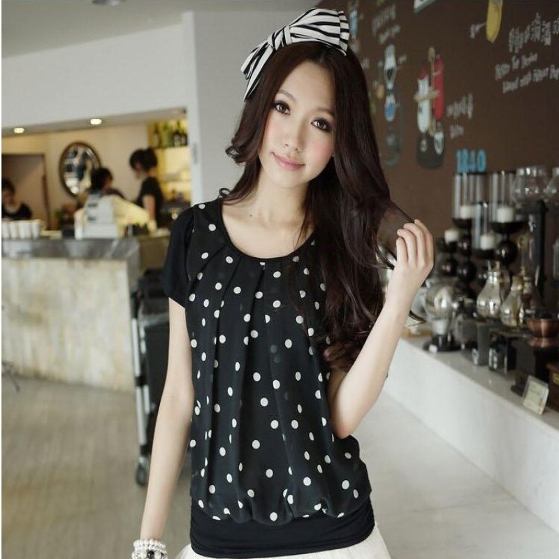 new summer short-sleeved large size woman wave point chiffon tops Blouses for women shirt short-sleeved clothing clothes