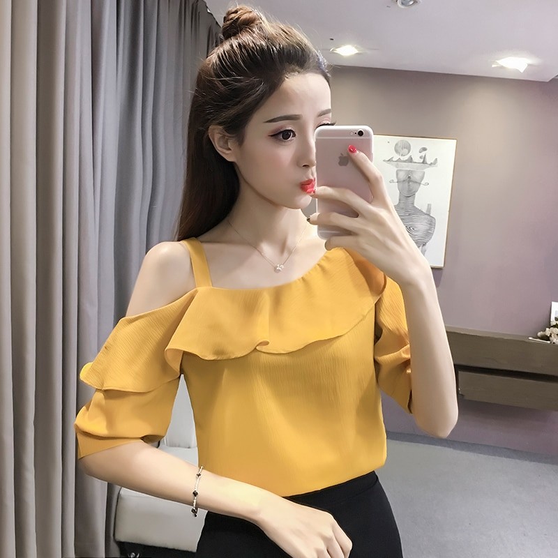 One Shoulder Top Lady Ruffles Blouse Women 2017 Fashion Summer Shirts Casual Chiffon Blusas Mujer Blouses Volantes