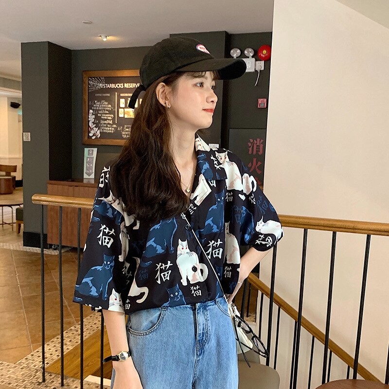 2020 Cute Cat Print Loose Casual Ladies Blosues Tops Women Turn Down Collar Long Sleeve Shirt Blouse Femme