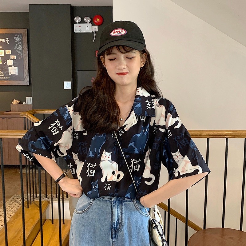 2020 Cute Cat Print Loose Casual Ladies Blosues Tops Women Turn Down Collar Long Sleeve Shirt Blouse Femme
