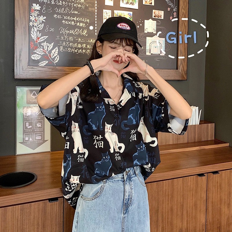 2020 Cute Cat Print Loose Casual Ladies Blosues Tops Women Turn Down Collar Long Sleeve Shirt Blouse Femme