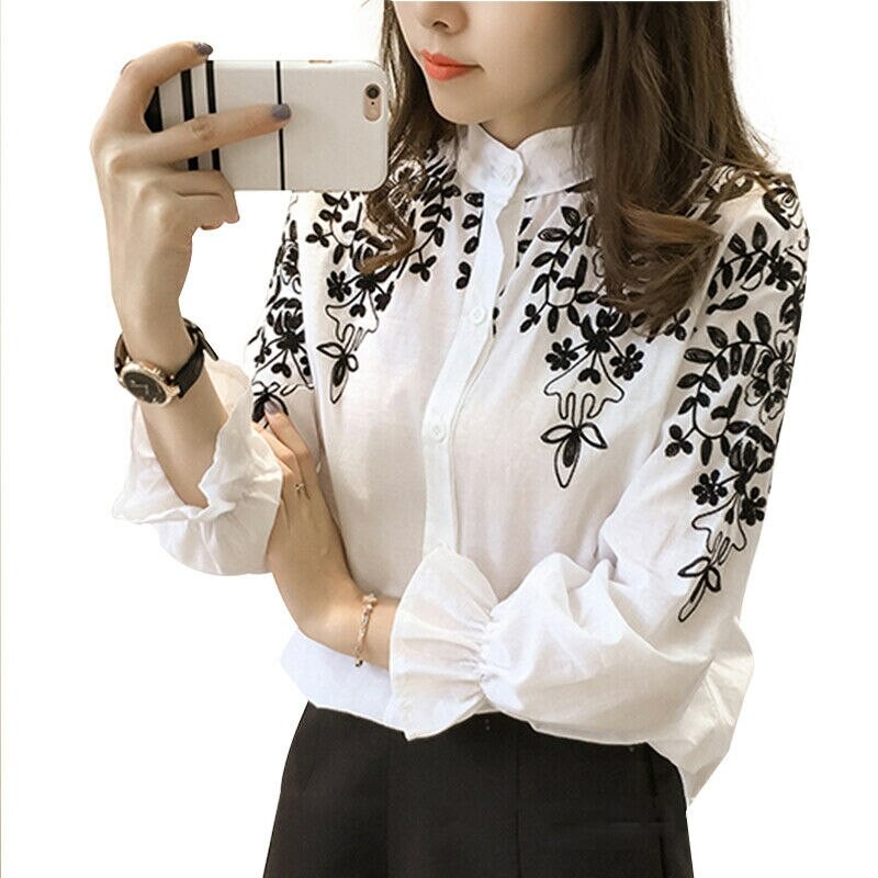 2019 New Trend Women Fashion Office Ladies Daily Lantern Sleeve Embroidery Blouse Shirt Top Holiday Summer Shirt Plus Size S-5XL