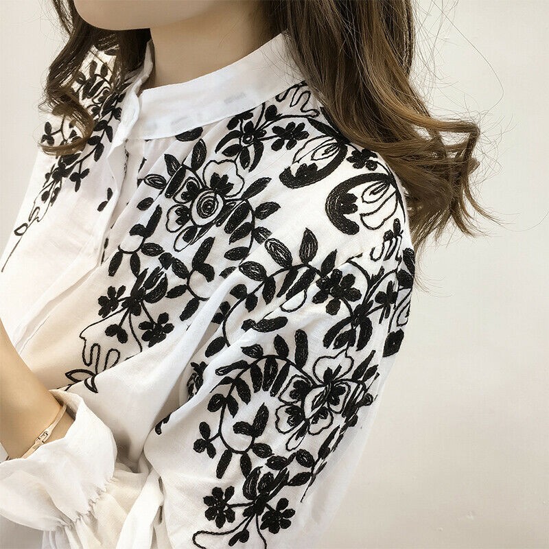 2019 New Trend Women Fashion Office Ladies Daily Lantern Sleeve Embroidery Blouse Shirt Top Holiday Summer Shirt Plus Size S-5XL