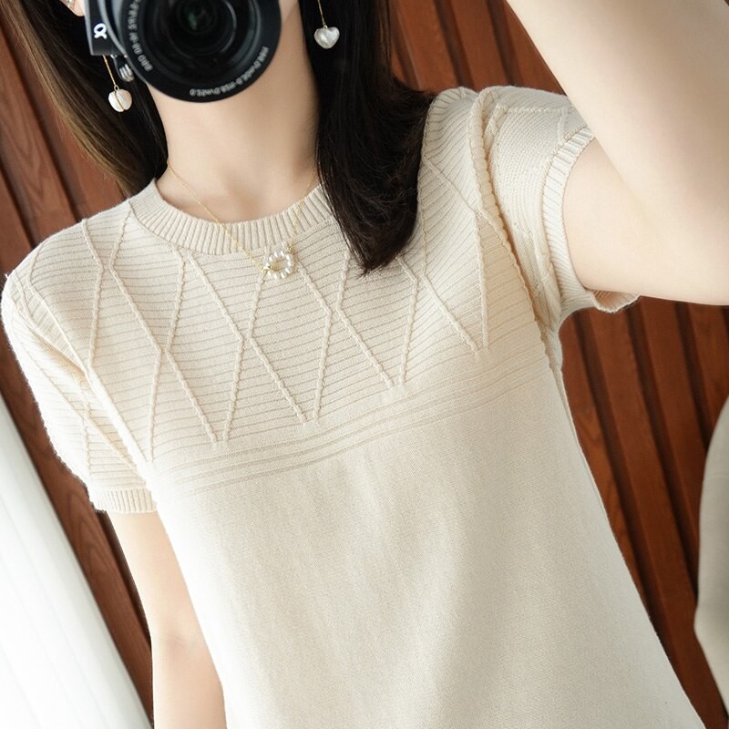 Summer Fashion New Woman's Tops Tees O-Neck Short Sleeve T-Shirt Female Pullover Women Sweater Jumepr 100% Cotton Knitted Blouse
