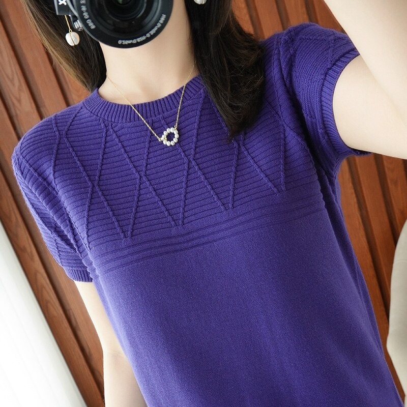 Summer Fashion New Woman's Tops Tees O-Neck Short Sleeve T-Shirt Female Pullover Women Sweater Jumepr 100% Cotton Knitted Blouse