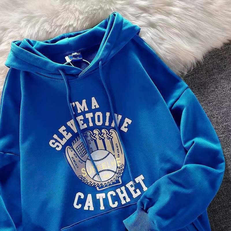 Dark green American baseball gloves printed Hoodie youth fashion Sweatshirt fall Vintage men's and women's loose Hoodie