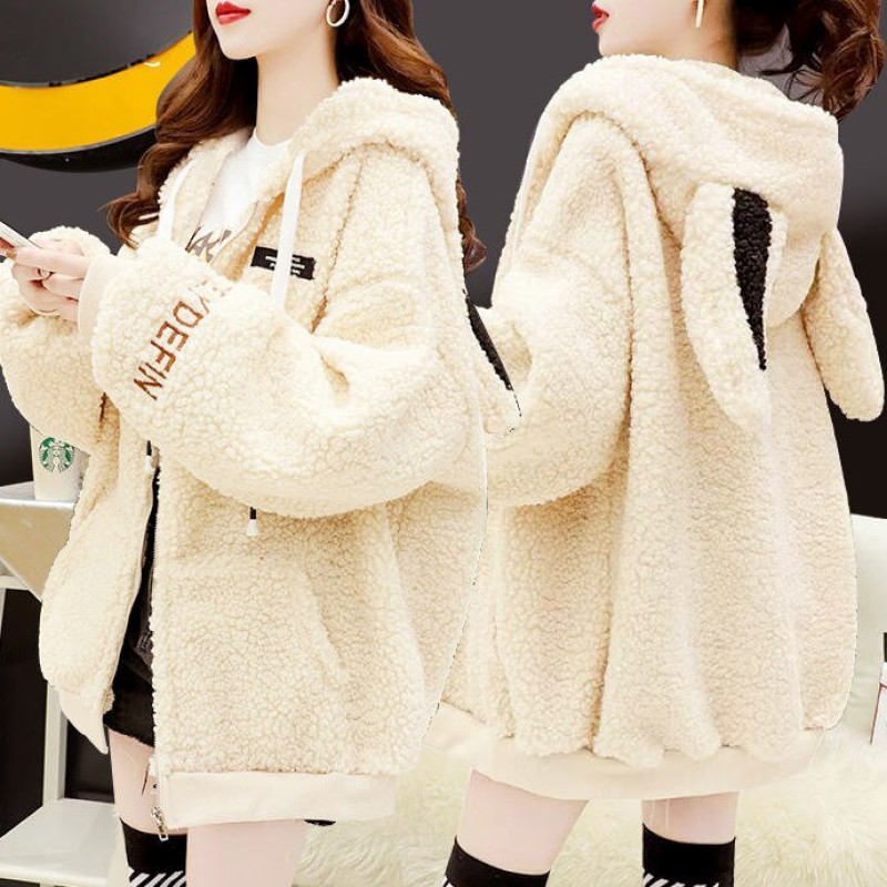 Rabbit Ear Hoodie Autumn Winter Women's Zipper Sweatshirt Coat Long Sleeve Hooded Cute Sweet Girl Harajuku Warm Sweatshirt Coat