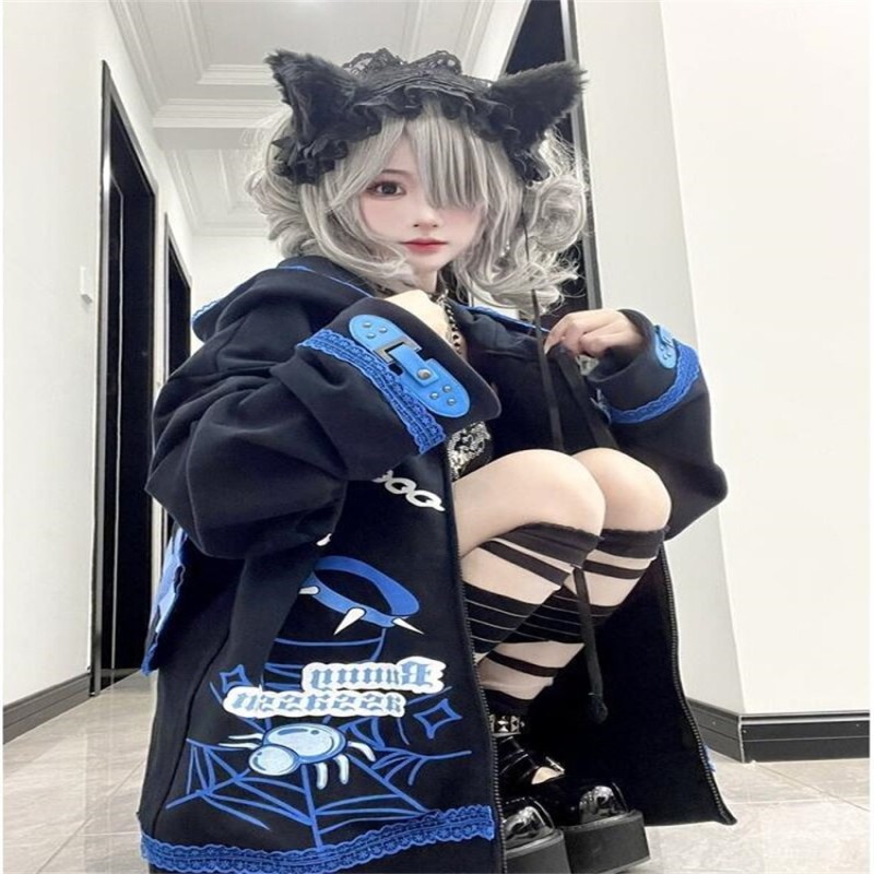 QWEEK Harajuku Anime Print Black Zip Up Hoodie Women Japanese Style Subculture Oversized Jacket Fleece Manga Kawaii Outerwear