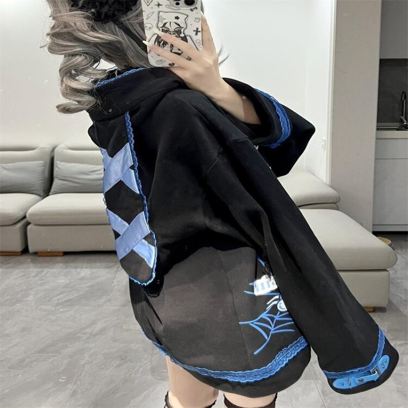 QWEEK Harajuku Anime Print Black Zip Up Hoodie Women Japanese Style Subculture Oversized Jacket Fleece Manga Kawaii Outerwear