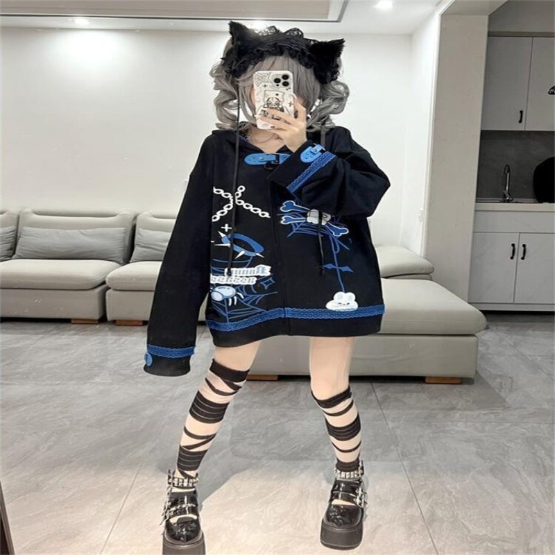 QWEEK Harajuku Anime Print Black Zip Up Hoodie Women Japanese Style Subculture Oversized Jacket Fleece Manga Kawaii Outerwear