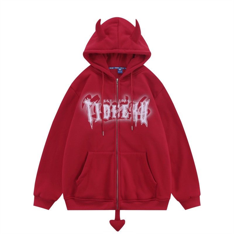 American Retro Little Devil Embroidered Zipper Hoodie Women Y2K Street Fashion Trend Joker Sweatshirt Couple Casual Loose Hoodie