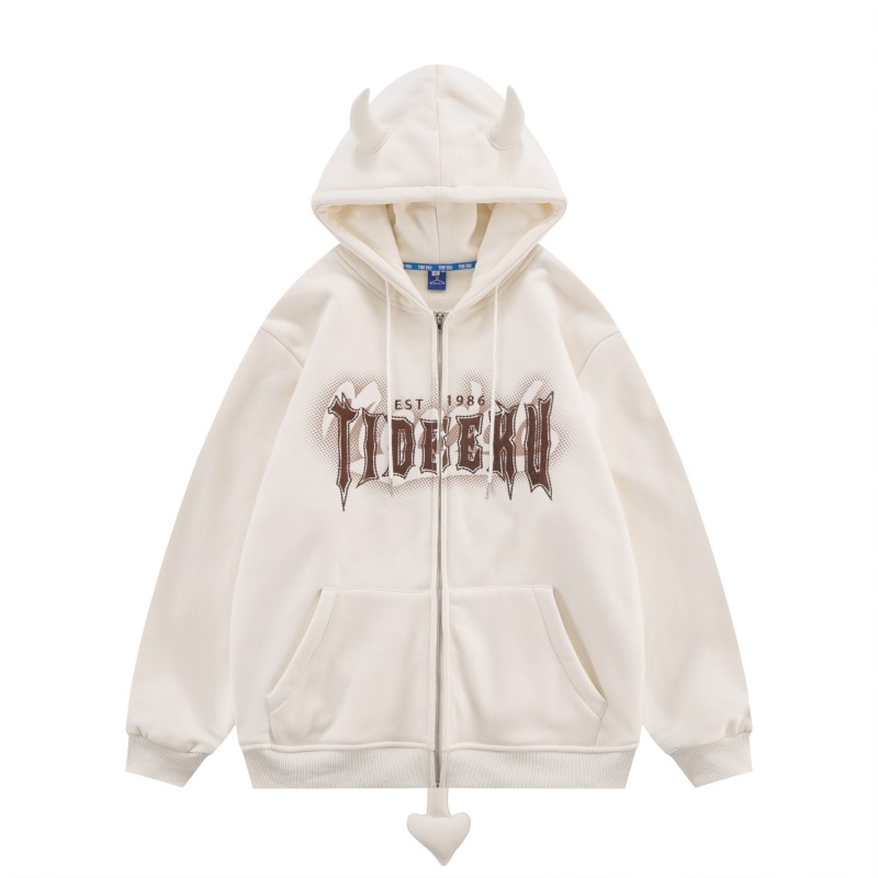 American Retro Little Devil Embroidered Zipper Hoodie Women Y2K Street Fashion Trend Joker Sweatshirt Couple Casual Loose Hoodie