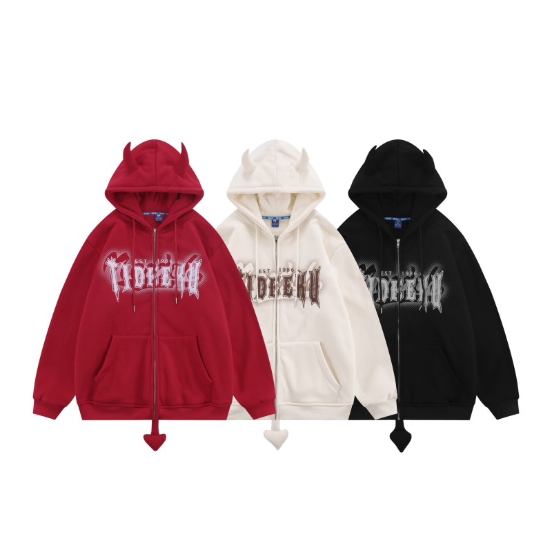 American Retro Little Devil Embroidered Zipper Hoodie Women Y2K Street Fashion Trend Joker Sweatshirt Couple Casual Loose Hoodie