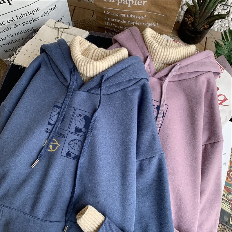 Hooded High Neck Women's Pullover 2021 Autumn Winter Women's Hoodie Street Casual Fashion Fake Two Loose Women's Blouse