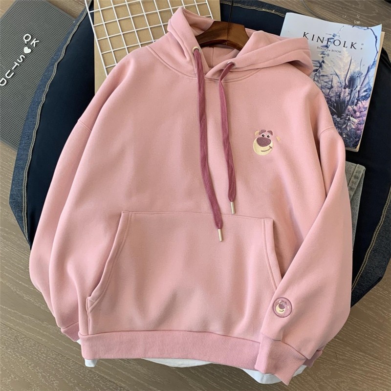 Disney Embroidery Strawberry Bear Lotso Hoodies Sweatshirts Women Men Winter Fleece Thick Warm Streetwear Graphic Sweatshirts