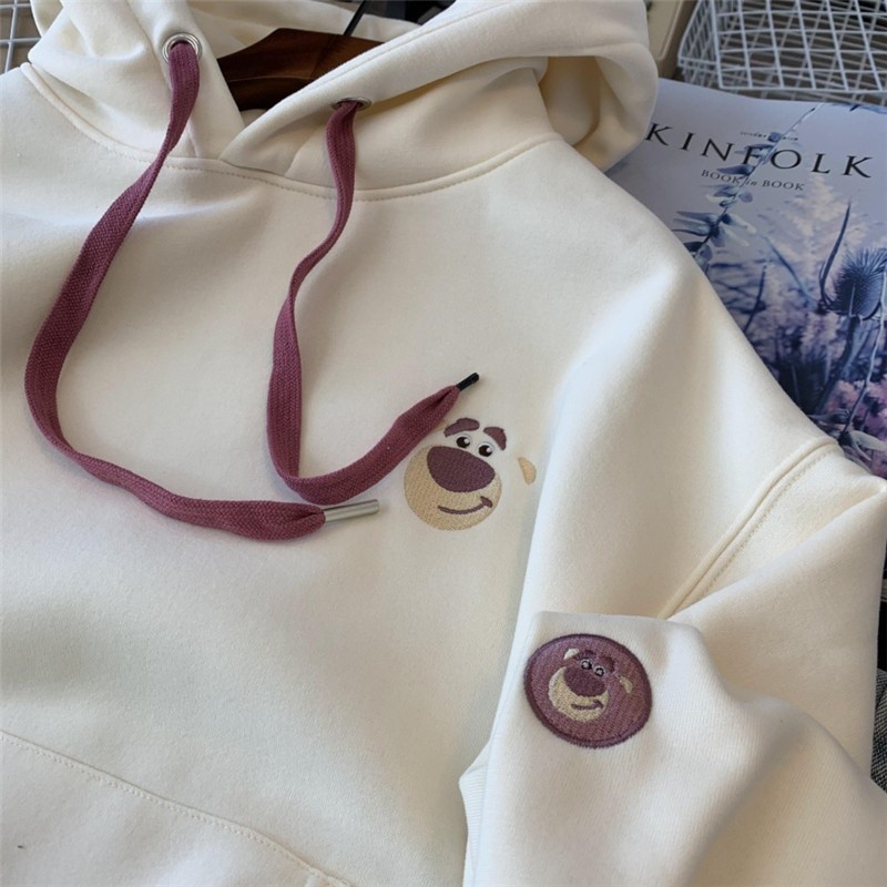 Disney Embroidery Strawberry Bear Lotso Hoodies Sweatshirts Women Men Winter Fleece Thick Warm Streetwear Graphic Sweatshirts