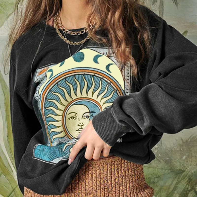 Y2k Printed Loose Sweatshirt Women Spring Long Sleeve Round Neck Knitted Tops Casual Streetwear Indie Pullover Clothes 2023