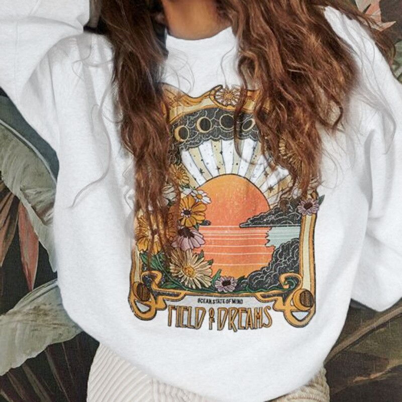 Y2k Printed Loose Sweatshirt Women Spring Long Sleeve Round Neck Knitted Tops Casual Streetwear Indie Pullover Clothes 2023