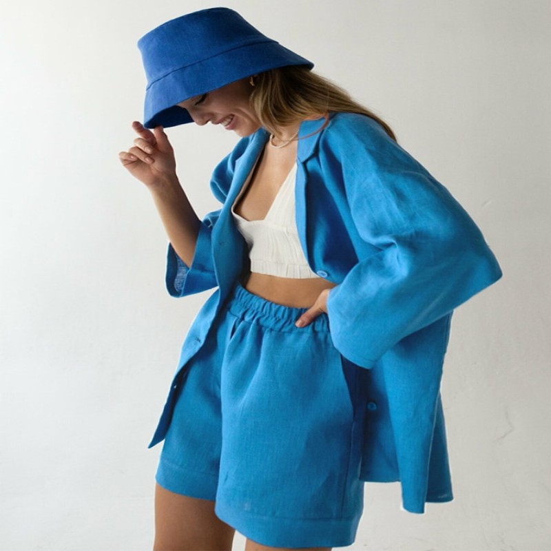 Bornladies Summer White 100% Cotton Shorts Suits Women 2022 Long Sleeve Casual Top Sets Wide Leg Shorts Sets 2 Pieces Outfits