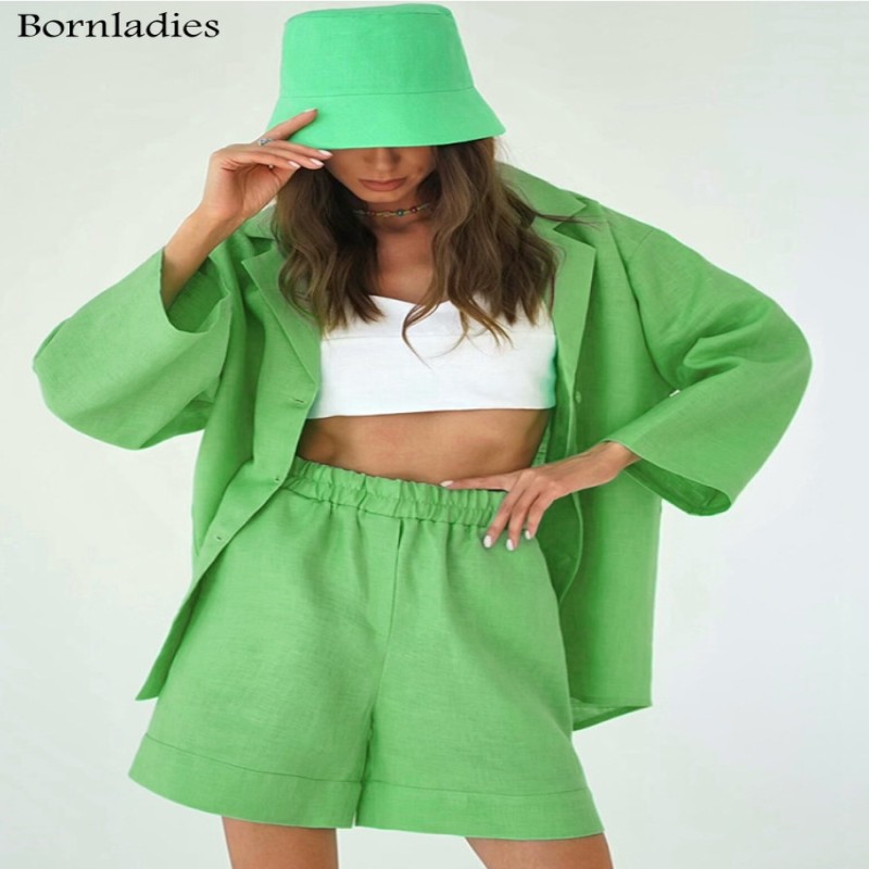 Bornladies Summer White 100% Cotton Shorts Suits Women 2022 Long Sleeve Casual Top Sets Wide Leg Shorts Sets 2 Pieces Outfits
