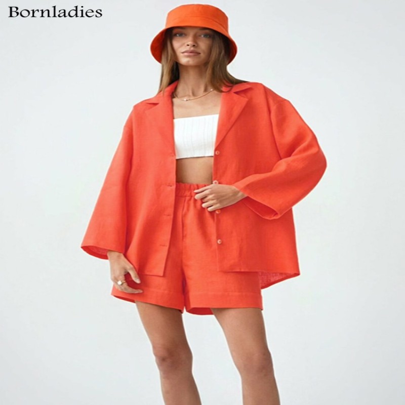 Bornladies Summer White 100% Cotton Shorts Suits Women 2022 Long Sleeve Casual Top Sets Wide Leg Shorts Sets 2 Pieces Outfits