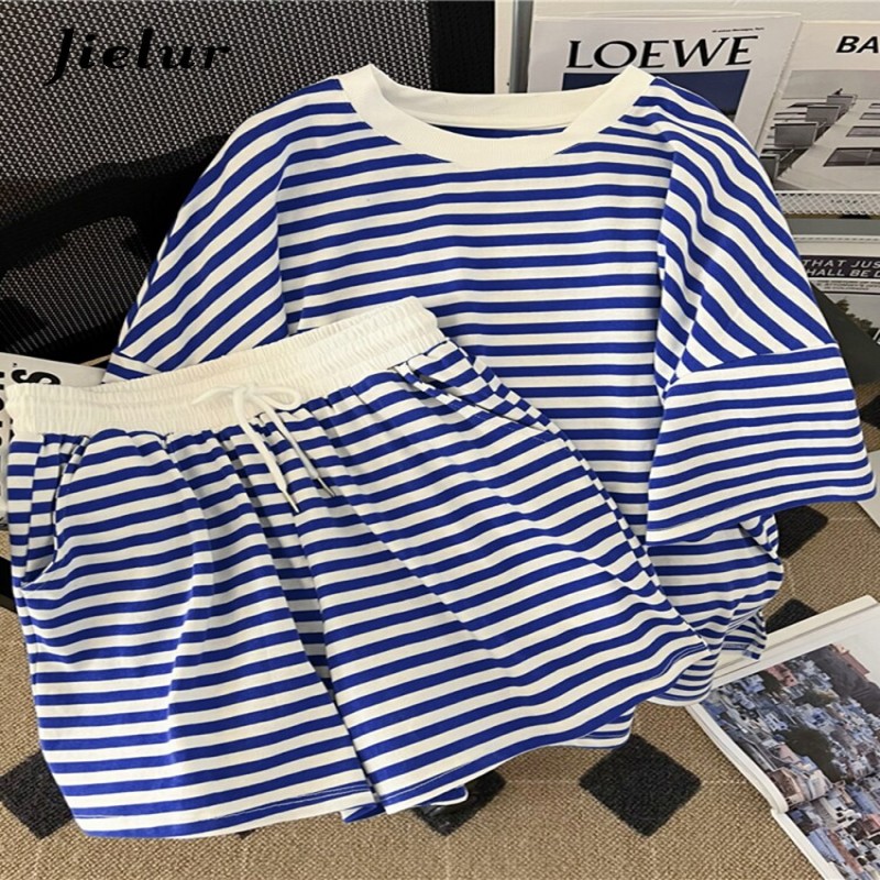 Jielur Preppy Style Women Two Pieces Set Loose Blue Green Black Striped Top Elastic Waist Wide Leg Shorts Sport Sets Summer M-XL