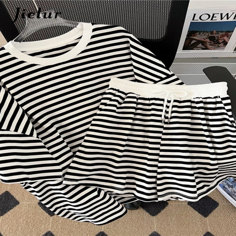 Jielur Preppy Style Women Two Pieces Set Loose Blue Green Black Striped Top Elastic Waist Wide Leg Shorts Sport Sets Summer M-XL