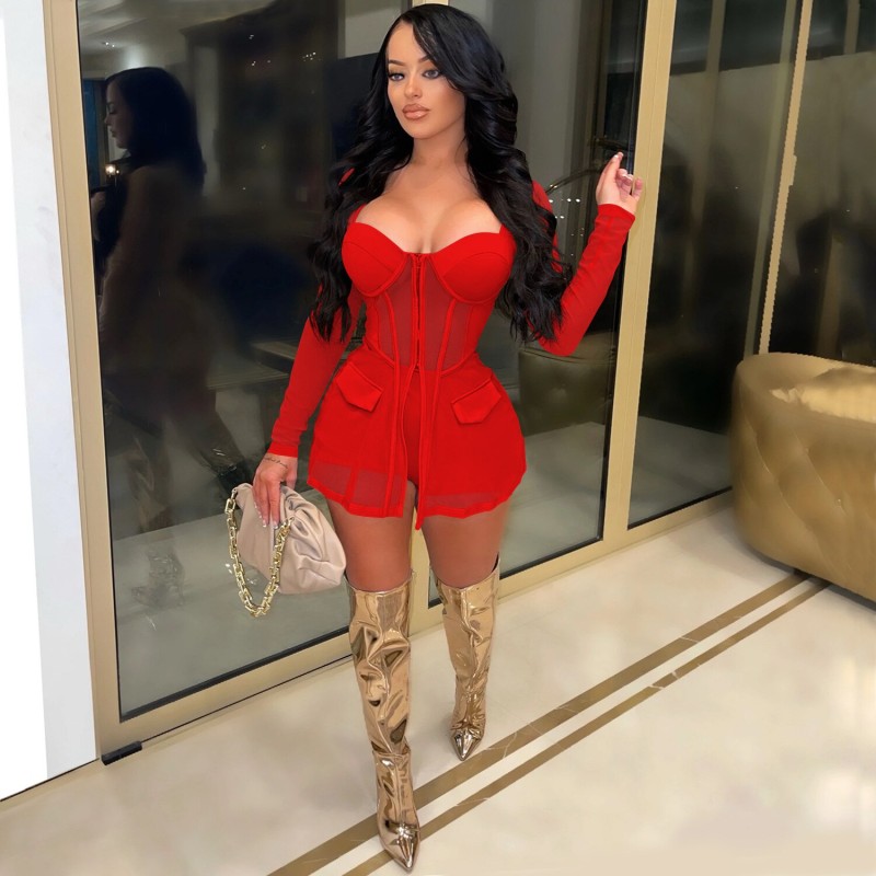 Clothing 2023 Summer Two Piece Set Women Mesh Patchwork Long Sleeve Zipper Sweetheart Blazer Shorts Sweatsuit Tracksuit Outfit