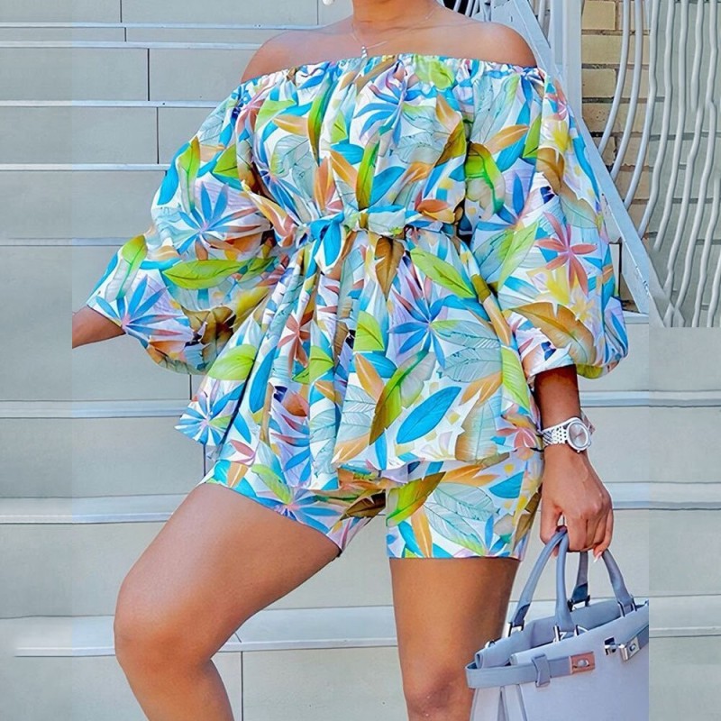 Summer 2 Piece Set Women Casual Printed 2 Piece Outfit Off Shoulder 3/4 Sleeve Loose Fit Shirt Top Skinny Shorts Suit Women
