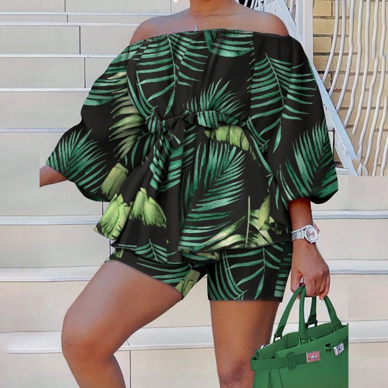 Summer 2 Piece Set Women Casual Printed 2 Piece Outfit Off Shoulder 3/4 Sleeve Loose Fit Shirt Top Skinny Shorts Suit Women