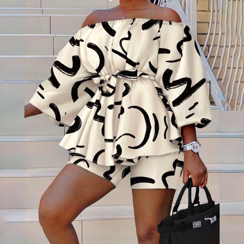 Summer 2 Piece Set Women Casual Printed 2 Piece Outfit Off Shoulder 3/4 Sleeve Loose Fit Shirt Top Skinny Shorts Suit Women