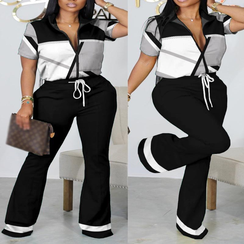 Summer Print 2 Piece Outfit Women Casual Sport 2 Piece Set Turn Down Collar Short Sleeve Top Wide Leg Pant Suit Tracksuit Women