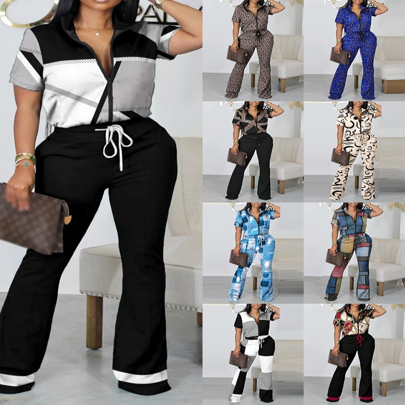 Summer Print 2 Piece Outfit Women Casual Sport 2 Piece Set Turn Down Collar Short Sleeve Top Wide Leg Pant Suit Tracksuit Women