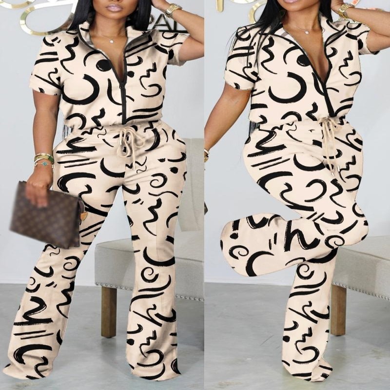 Summer Print 2 Piece Outfit Women Casual Sport 2 Piece Set Turn Down Collar Short Sleeve Top Wide Leg Pant Suit Tracksuit Women