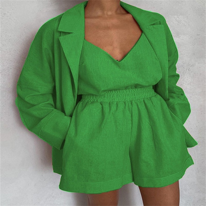 2023 Spring Summer Women New Fashion Women's Commuting V-neck Solid Color Vest Casual Coat + shorts Set Women's Office Suits