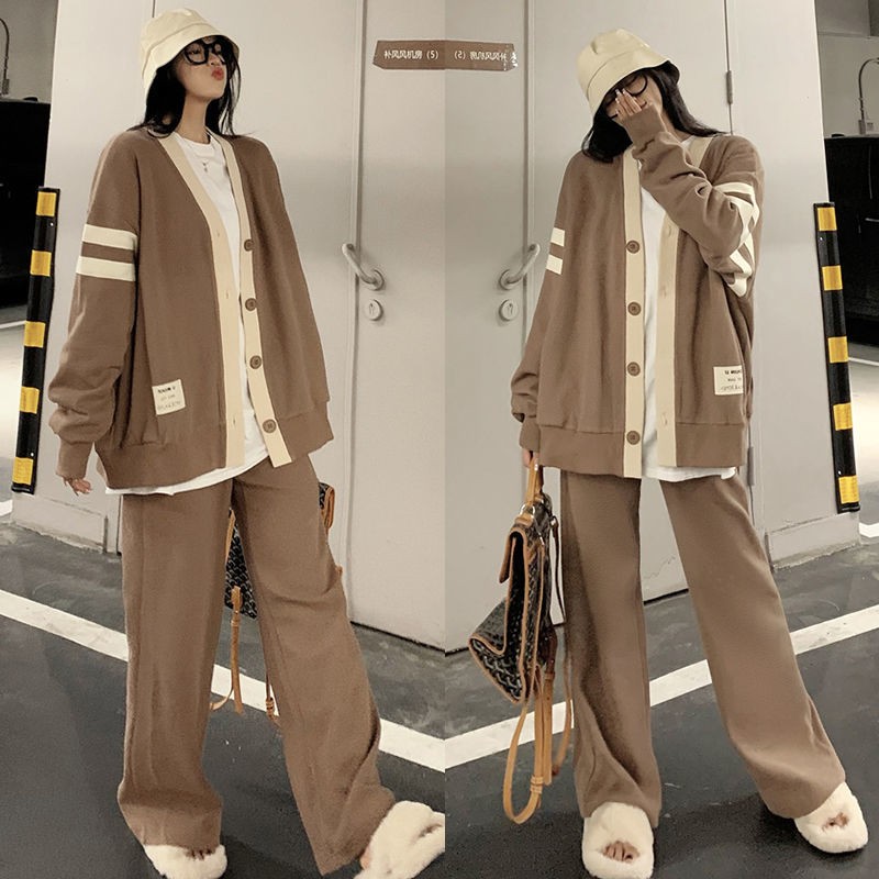 Leisure Sports Suit Women's Spring New 2022 Lazy Style Cardigan Sweater Jacket Wide Leg Straight Pants Two-piece Women's Suit