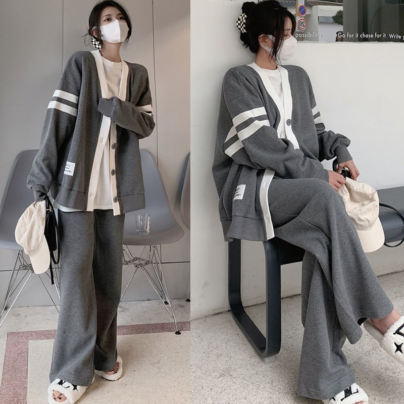 Leisure Sports Suit Women's Spring New 2022 Lazy Style Cardigan Sweater Jacket Wide Leg Straight Pants Two-piece Women's Suit